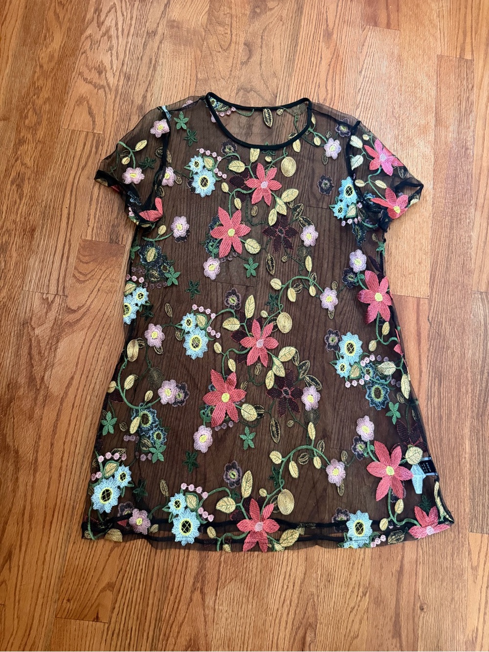 Floral Embroidered Black Mesh Sheer Dress